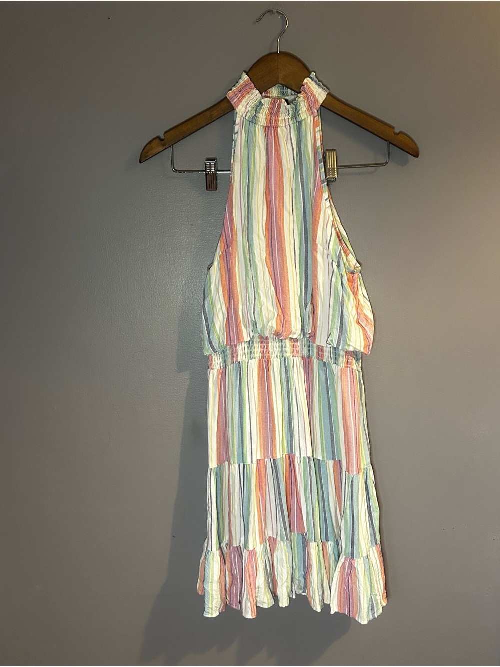 Angie Boho Halter Dress Size M Striped Smocked Waist Tiered Summer Festival